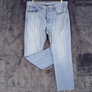 Lacoste Jeans Mens 38 Light Wash Blue Raw Hem Button Fly Crocodile Logo
